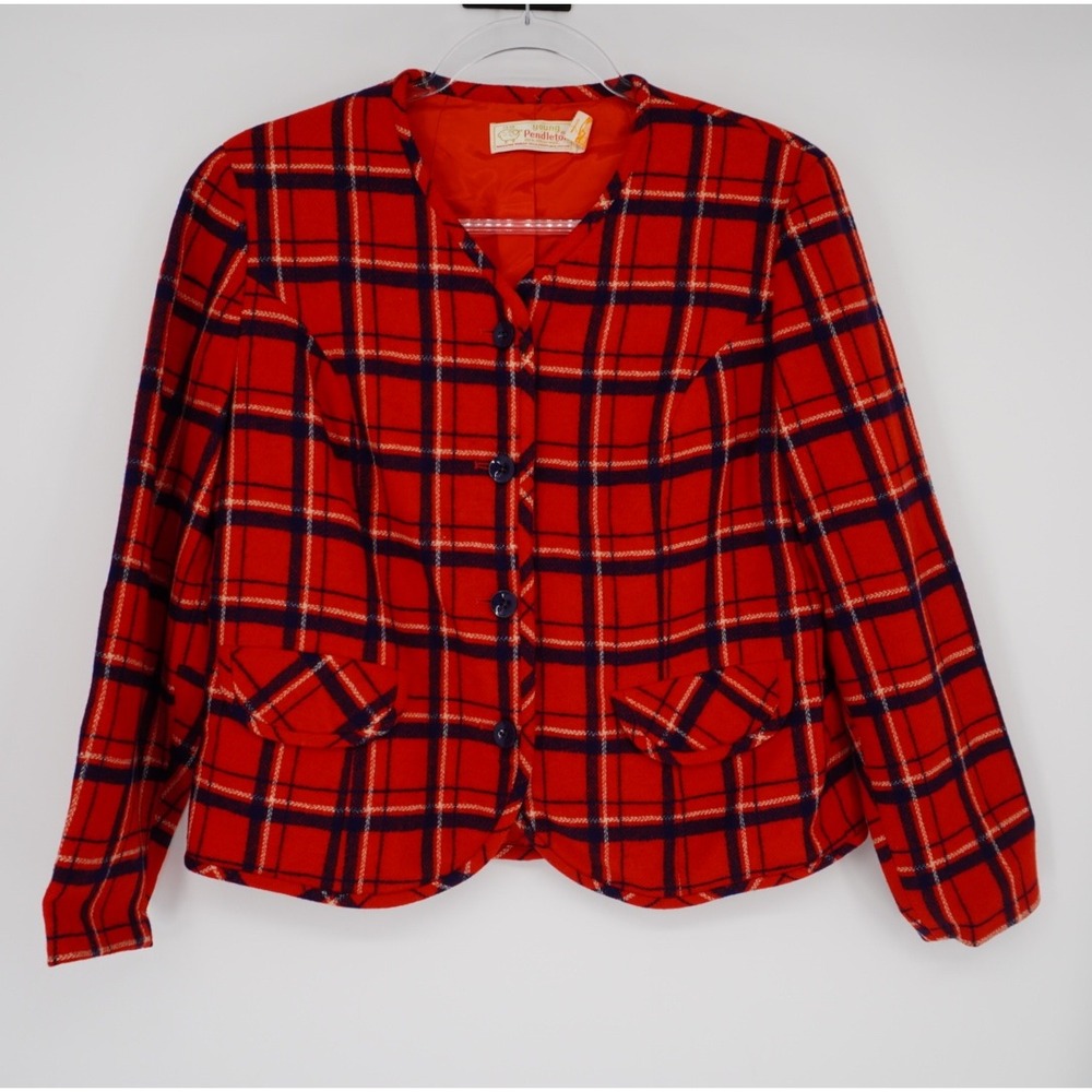 Young Pendleton Kids Red Plaid Wool Blazer Jacket Vintage Size 13-14 preppy 90s